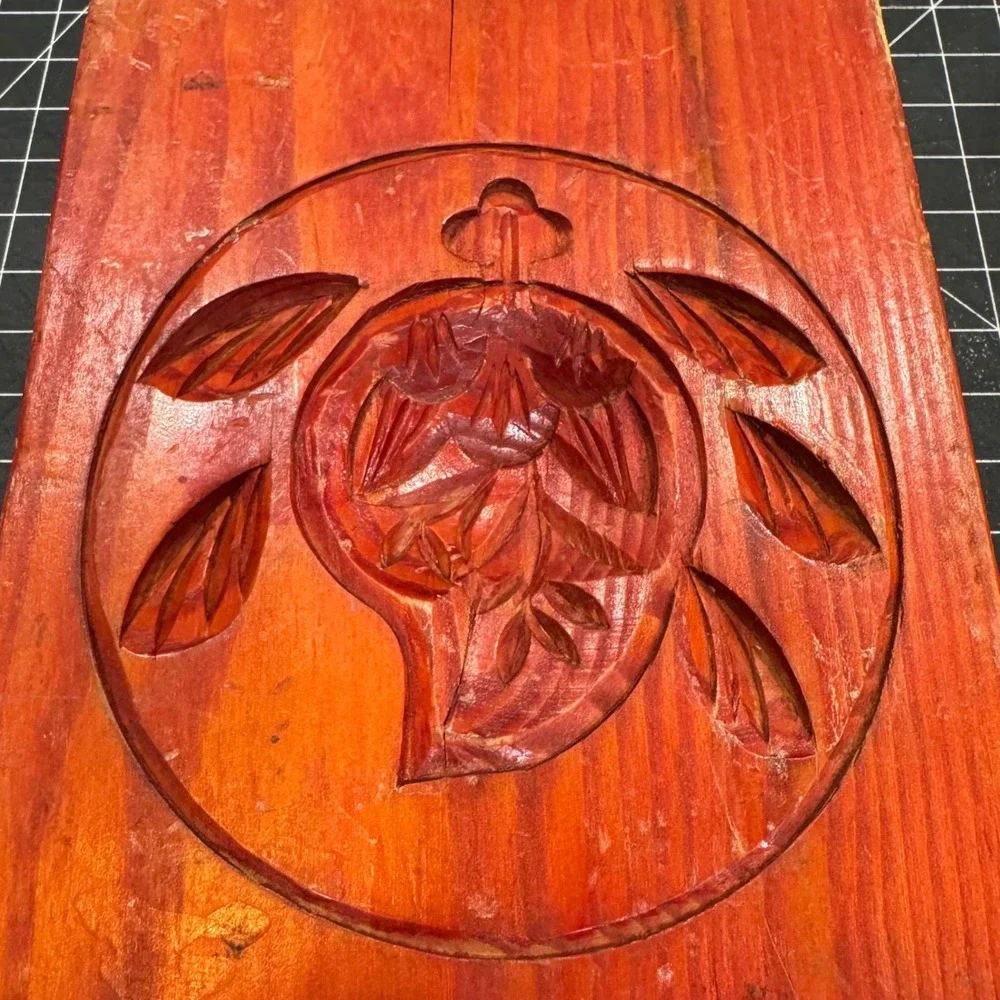 Vintage‎ Hand Carved Wooden Mooncake Mold Chinese Rice Cake Press Red Decor 11in